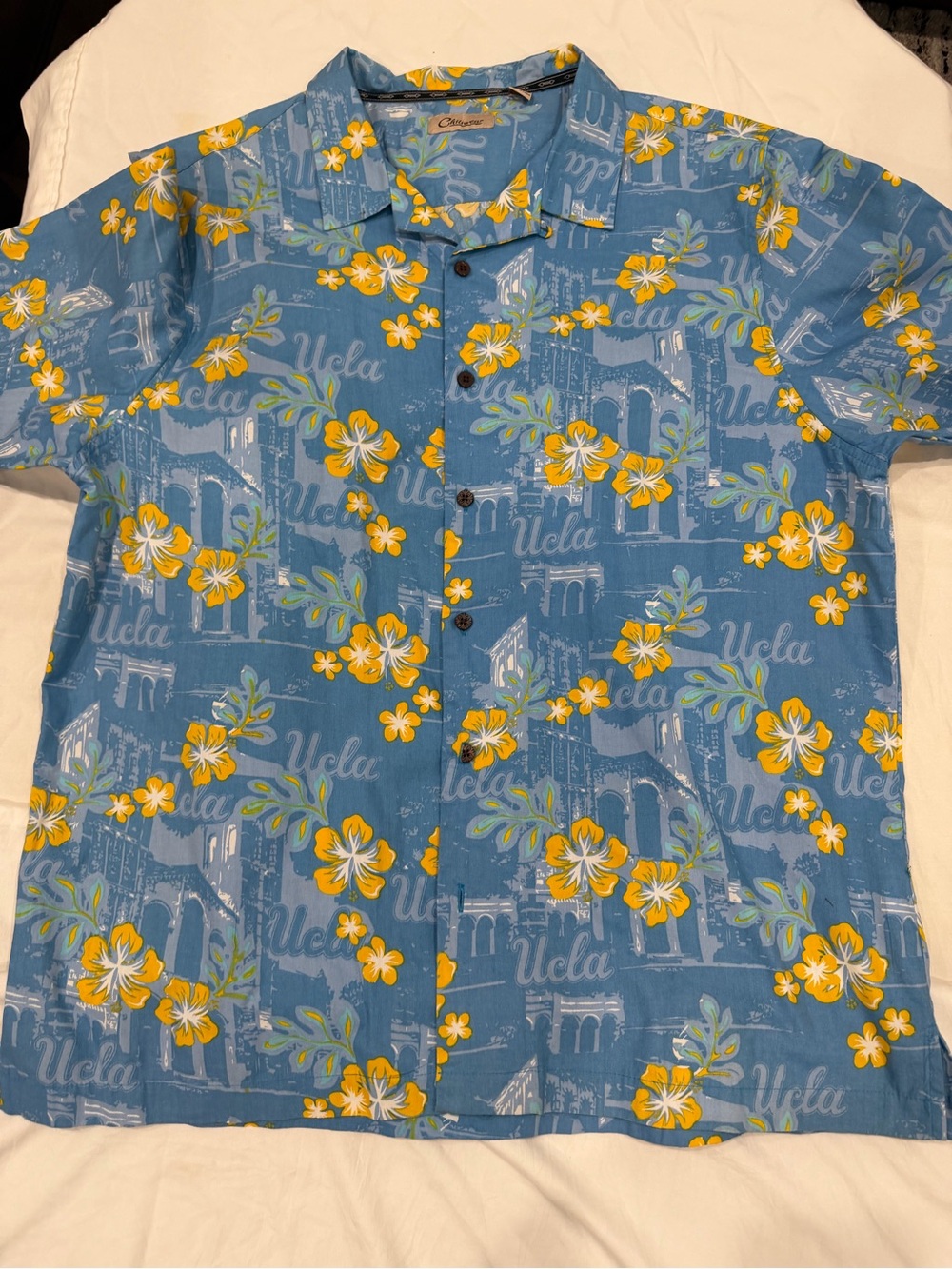 Ucla Bwear Blue Hawaiian Button-Down with Yellow Floral Print